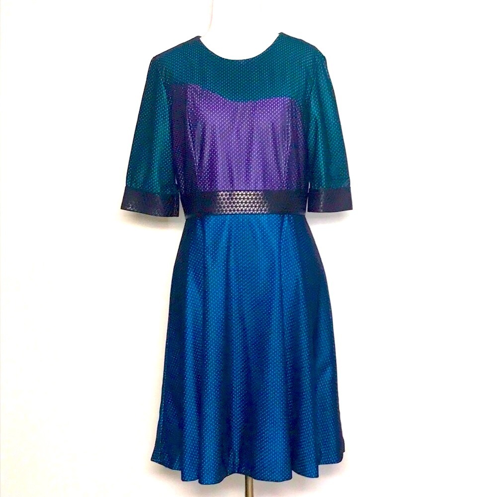Beverly Mehl Women’s Black, Green, Purple & Blue Fit & Flare Midi Dress Size M